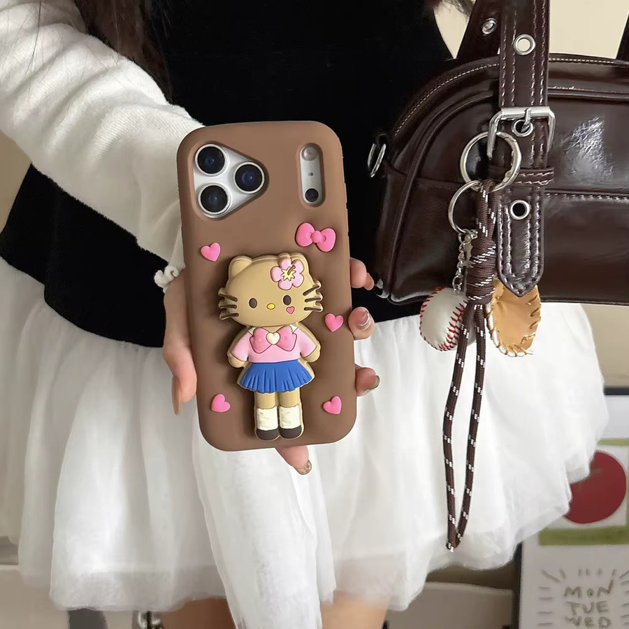 Sanrio Hello Kitty Silikonhülle mit 3D-Ständerhalter für iPhone 17, 16, 15, 14, 13 Pro Max in Braun - Bild 2