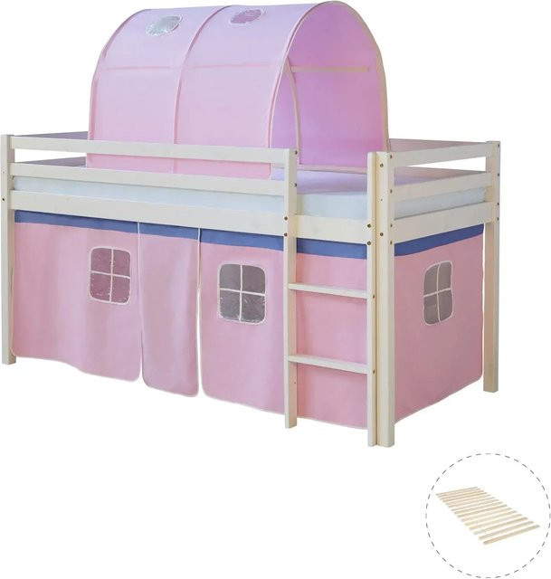 Homestyle4u Hochbett aus Kiefernholz mit Vorhang und Tunnel in Weiß, B/T/H: 90 x 200 x 207,5 cm - Bild 1