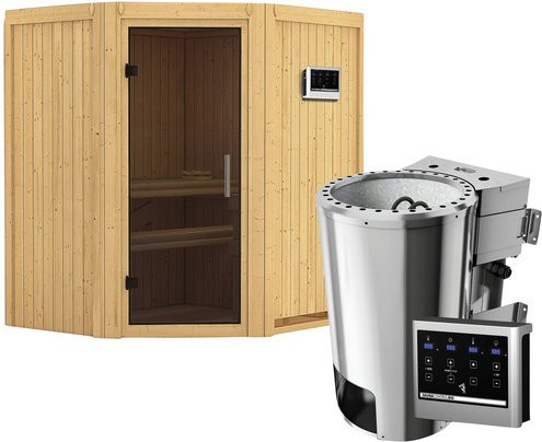 Karibu Sauna Tuckum aus Fichtenholz mit 3,6 kW Saunaofen und externer Steuerung für 3 Personen, Farbe: beige/grau, B/T/H: 198,0 x 151,0 x 170,0 cm - Bild 1