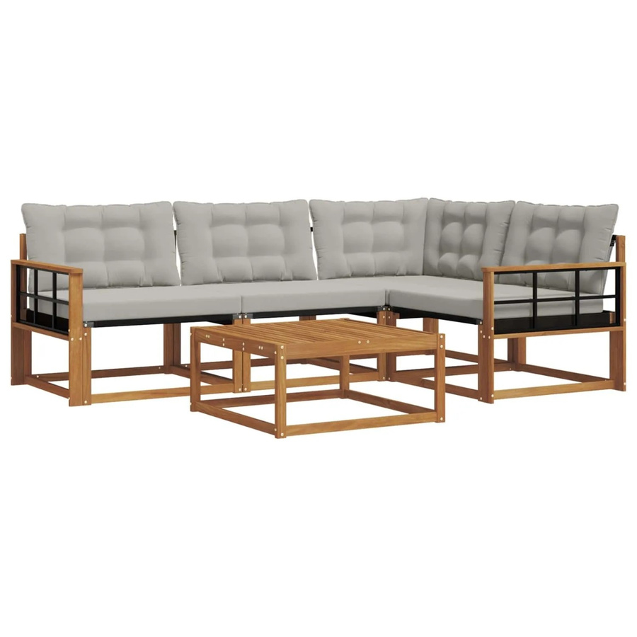 vidaXL Outdoor-Sofagarnitur L-Form aus massivem Akazienholz mit Textilene und Kissen in Natur und Hellgrau - Bild 2