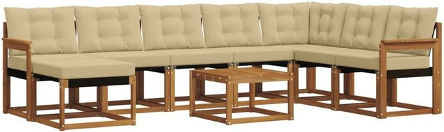 vidaXL Sofa Set 9-tlg. in U-Form aus Akazienholz und Textilene, Natur-Beige mit Kissen - Bild 1