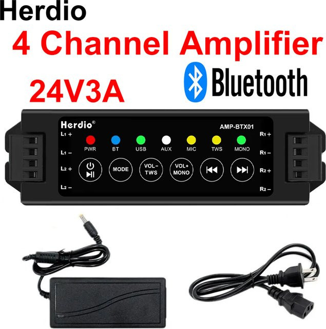 Herdio 4-Kanal Bluetooth Verstärker in Schwarz mit TWS, AUX, MIC und USB für passive Lautsprecher und Heimkinosysteme - Bild 1