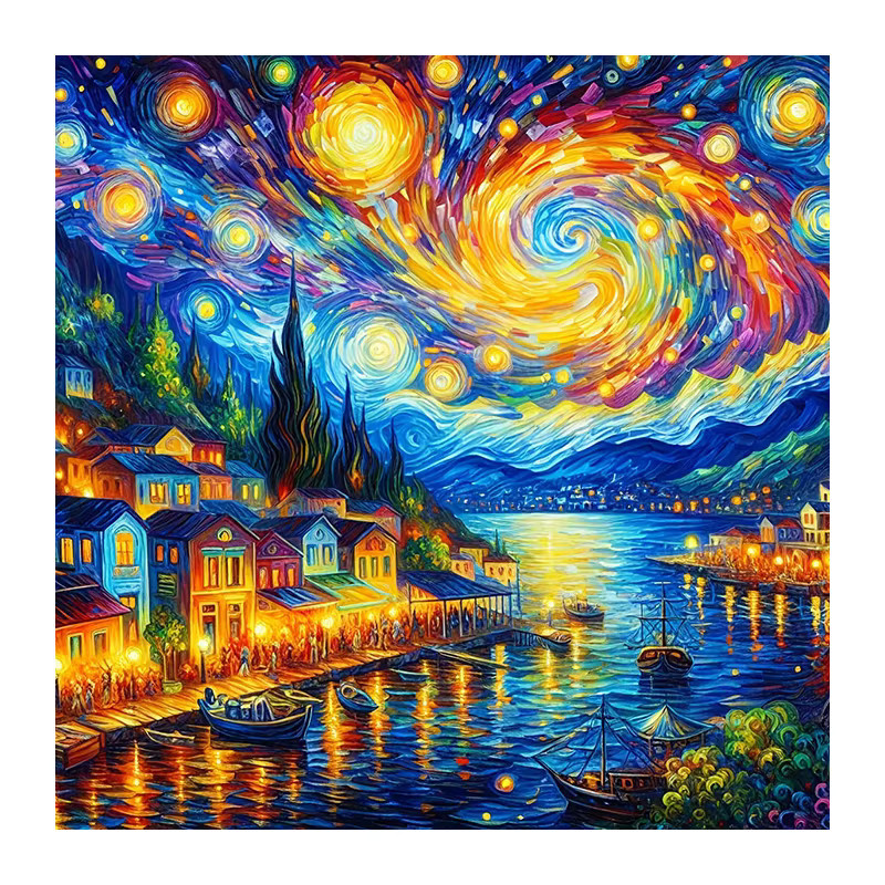 Huacan Diamantmalerei Set Landschaft mit Sternenhimmel Haus und Fluss, Rund, Mehrfarbig, B/H: 20 x 20 cm - Bild 4