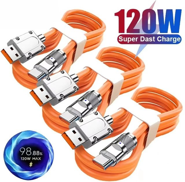 KAFNHCKA USB-C Schnellladekabel aus Silikon mit 120W und 6A, Länge: 1 m, Blau und Orange - Bild 1