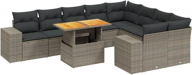 vidaXL 10-tlg. Garten-Sofagarnitur in L-Form aus Polyrattan und Akazienholz mit Kissen in Grau - Bild 1