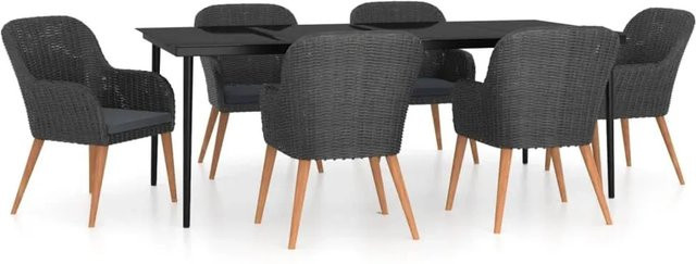 vidaXL 7-teilige Garten-Essgruppe aus PE-Rattan und Akazienholz mit Kissen in Schwarz und Grau - Bild 1