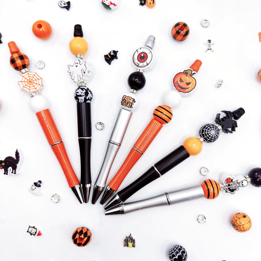6er Set Halloween DIY Kugelschreiber mit Perlen in den Farben Schwarz, Orange und Multicolour mit Kürbis, Totenkopf, schwarzer Katze und Teufel Motiven - Bild 5