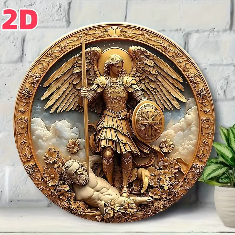 HELLOYOUNG Retro 2D-Wandschild Goldener Erzengel St. Michael mit Schwert über Teufel, rund, Durchmesser: 20 cm - Bild 2