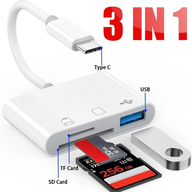 3-in-1 Multifunktions-Speicherkartenleser für TF, CF und SD mit SIM-Karten-Adapter und USB-C OTG-Konverter in Weiß - Bild 1