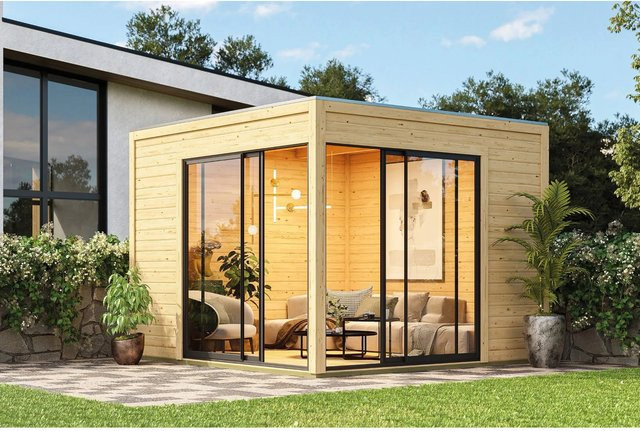 Karibu Gartenhaus Dillen 3 aus Massivholz in Natur mit Schiebetür und Flachdach - Bild 1