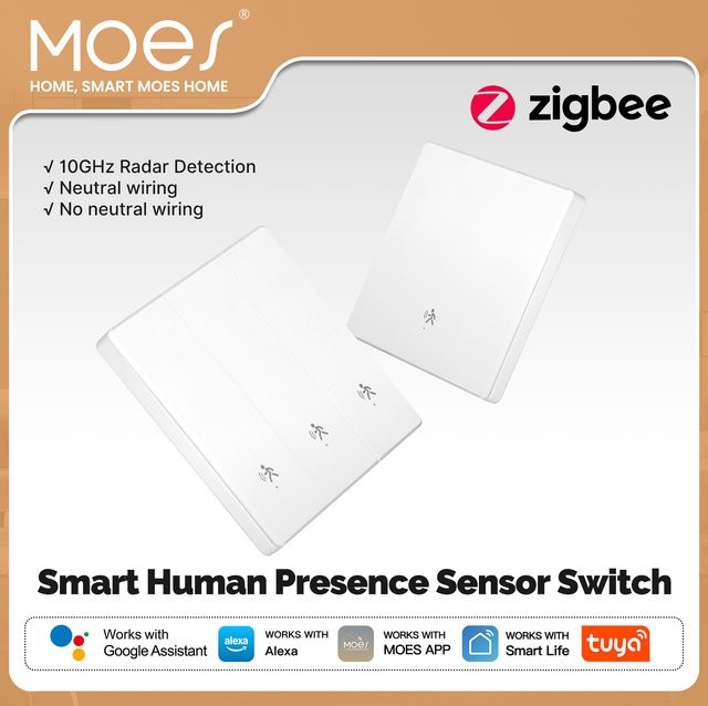 MOES Tuya ZigBee Smart Wandlichtschalter mit mmWave Radarsensor für Anwesenheitserkennung, Weiß, kompatibel mit Alexa und Google Home, optional mit Neutralleiter - Bild 1