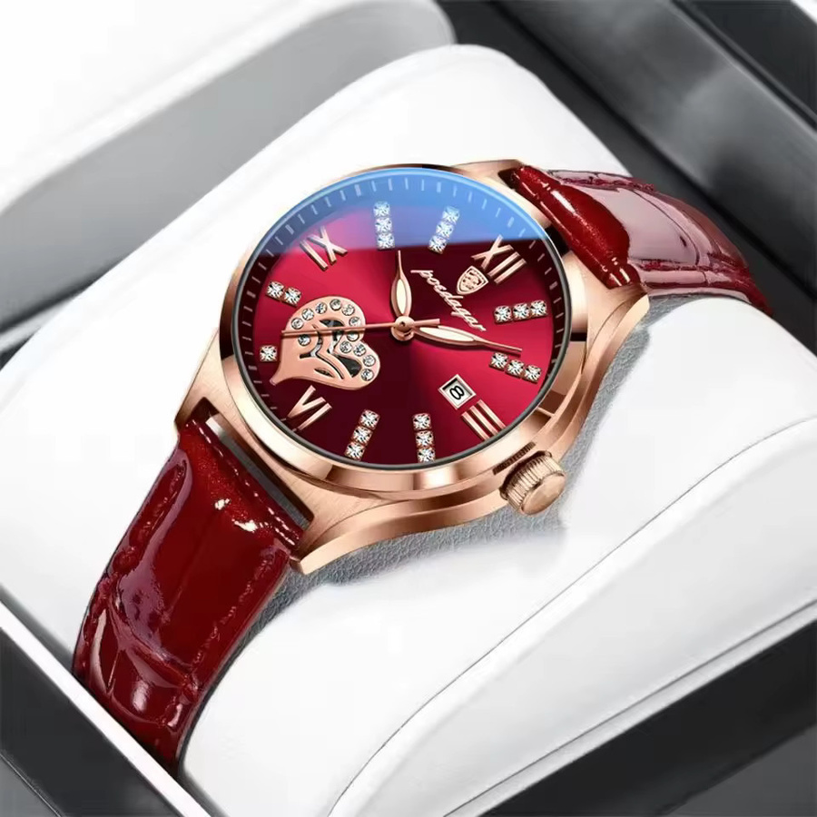 POEDAGAR Armbanduhr, Quarz, Leder, Roségold, Damen, Datum - Bild 2