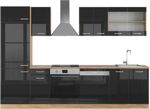 Vicco R-Line Küchenzeile Schwarz Hochglanz und Goldkraft Eiche, Breite: 300 cm - Bild 1