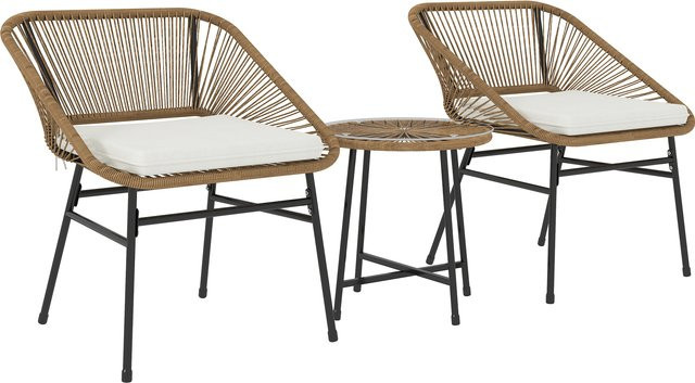 Outsunny Gartenmöbelset 3-teilig aus PE-Rattan und Stahl in Naturholzfarbe mit 2 Stühlen inklusive Kissen und rundem Kaffeetisch mit Glasplatte, braun - Bild 1