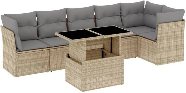 vidaXL 7-tlg Garten-Sofagarnitur aus Polyrattan in Beige mit L-Form und Kissen-Set - Bild 1