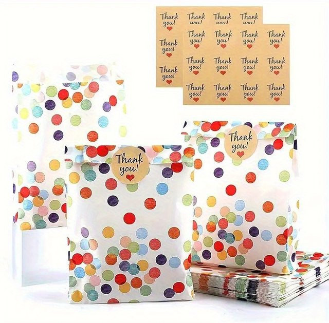 24 Stück gepunktete Geschenktüten aus Kraftpapier mit 24 Dankesaufklebern, mehrfarbig, PP-beschichtet für Geburtstage und Partys - Bild 1