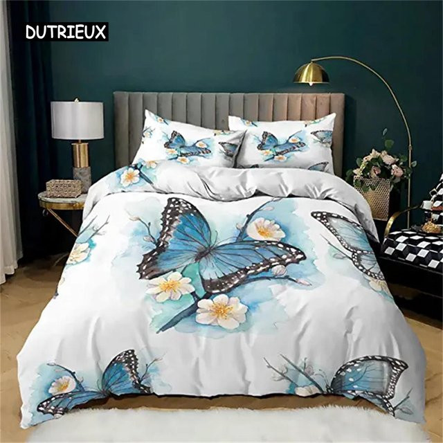 Bettbezug-Set mit Schmetterlingen und Blumen in Blau und Lila von Binchi Outdoor Product für Kinder und Teenager, B/H: 135 x 200 cm - Bild 1