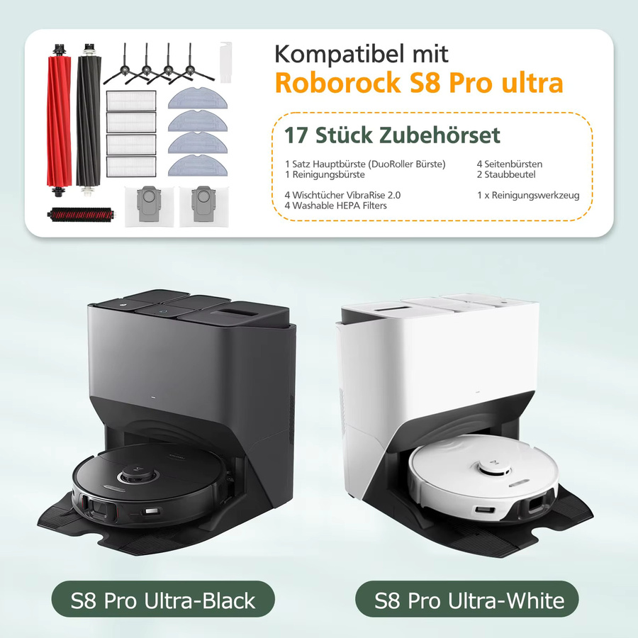 Fxaizl Ersatzteil-Set für Roborock S8 S8 Pro Ultra S8+ inklusive Hauptbürste, Seitenbürste, HEPA-Filter, Wischtücher und Staubbeutel - Bild 3