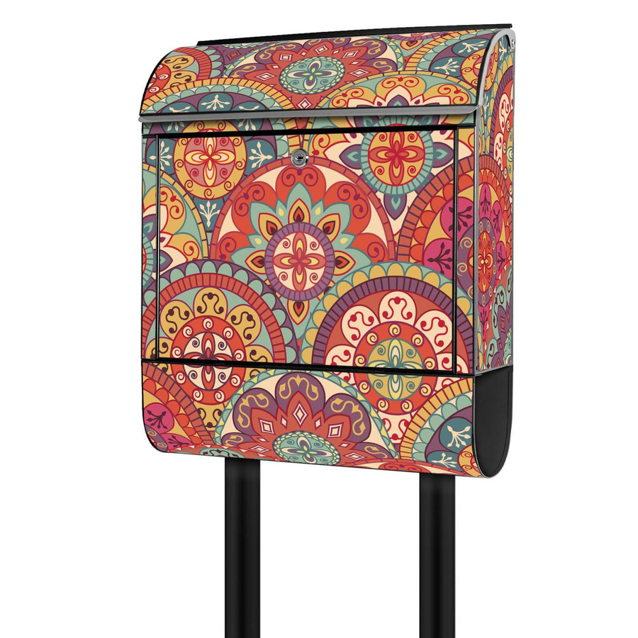 Freistehender Briefkasten banjado modern mit Rosetten-Motiv und Zeitungsfach, pulverbeschichtet, Schwarz/Mehrfarbig, B: 38 cm, H: 161,5 cm, T: 16 cm - Bild 1