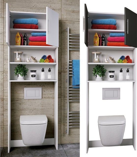 VCM Toilettenüberbau aus Holz in Weiß mit zwei Türen und offenen Fächern, B/H/T: 64 x 190 x 25 cm - Bild 1