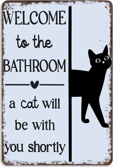 Potdemiel Metallschild Welcome To The Bathroom, A Cat Will Be With You Shortly Retro Wandkunst mit Katzenmotiv in Weiß, Breite: 20,3 cm, Höhe: 30,5 cm - Bild 1