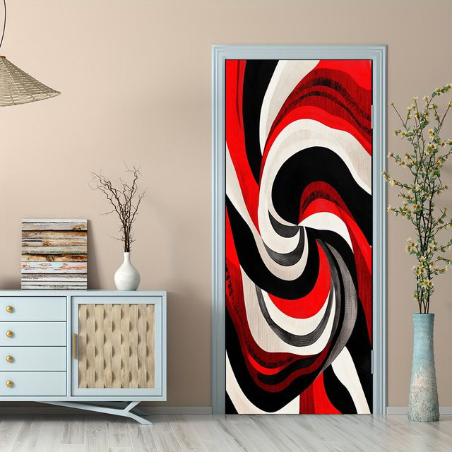 Selbstklebender Vinyl-Türaufkleber mit modernem abstrakten Kunstdesign und geometrischem Wirbel in Rot, Schwarz und Weiß - Bild 1