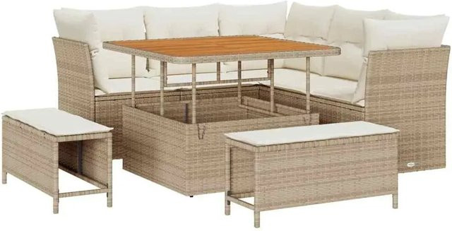 vidaXL 8-teiliges Garten-Sofa-Set aus Poly Rattan und Akazie in Beige mit Kissen und Tisch - Bild 1