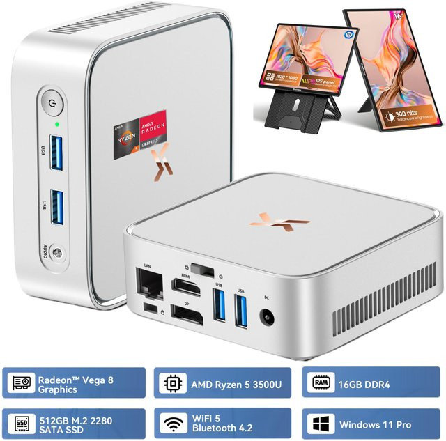 HUIDUN H80 3500U Mini-PC mit AMD Ryzen 5, 16 GB RAM, 512 GB SSD, AMD Radeon RX Vega 8, Windows 11 Pro und QWERTY-Tastatur, Silber - Bild 1