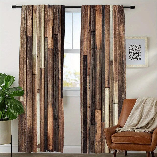 2er-Set Vintage Fenstervorhänge von Yiran Furniture mit braunem Streifenmuster, blickdicht, Breite: 75 cm, Höhe: 166 cm - Bild 1