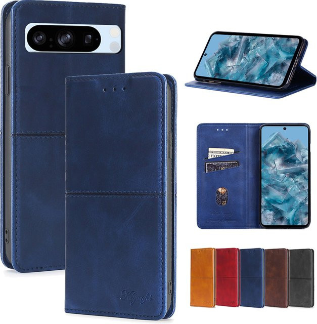 Magnetische Leder Handyhülle als Flip Cover mit Kartenfächern für Google Pixel 8 7 6 Pro 8a 7a 6a 5a 4a 5 XL in Braun oder Blau - Bild 1