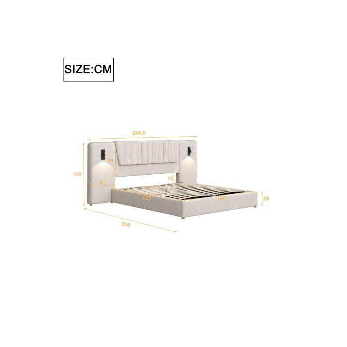 Gepolstertes Bett MUVOE in Beige mit verlängertem Kopfteil, integrierten USB-Ladeanschlüssen, Leselampen und Lift-up-Funktion, B/T: 180 x 200 cm - Bild 2