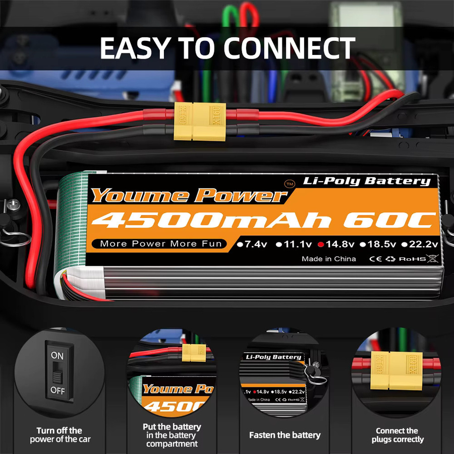 Youme 4S LiPo Akku 14,8 V 4500 mAh 60C mit XT60 und EC5 Anschlüssen für RC FPV Flugzeuge, Drohnen, Racing-Boote und Autos - Bild 5