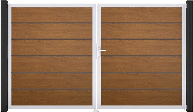 GroJa Tor Basicline Premium 2-flügelig Golden Oak in Braun, Breite: 306 cm, Höhe: 180 cm, DIN Rechts mit Sichtschutz - Bild 1