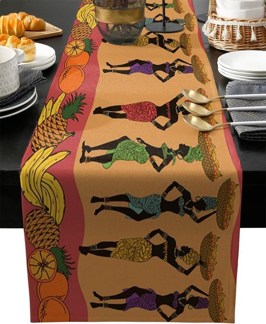 JMG Household Supplies Tischläufer aus Leinen mit afrikanischem Ethno-Design in Schwarz, Orange und Braun, Breite: 33 cm, Länge: 150 cm - Bild 1