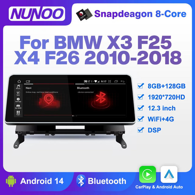 Nunoo Android 14 Autoradio mit 8GB RAM und 128GB Speicher für BMW X3 F25 und X4 F26 (2010-2018), CarPlay, GPS, WLAN und DSP, Schwarz - Bild 1