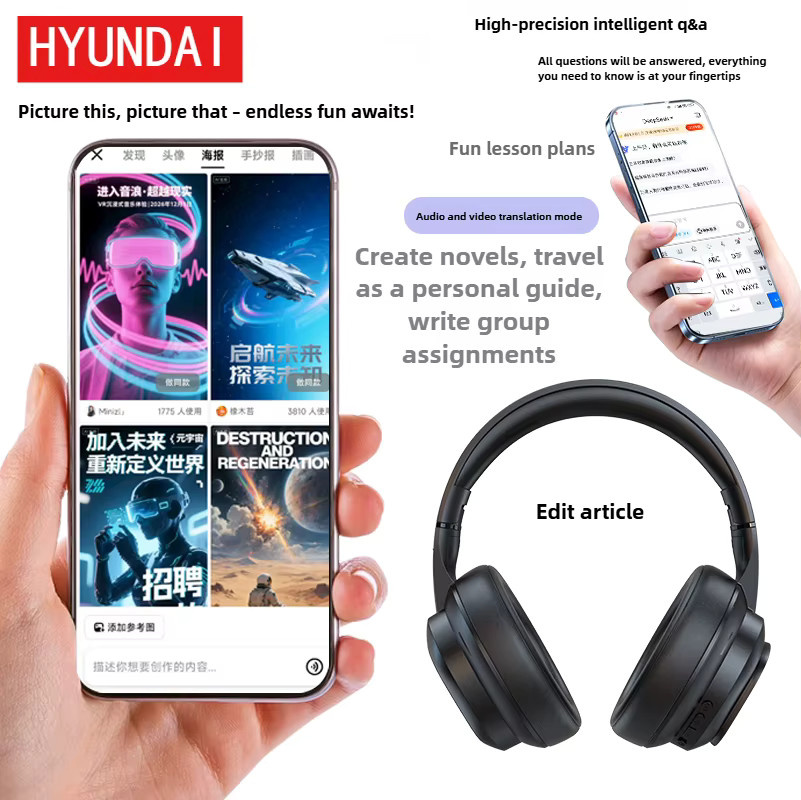 Hyundai X1PRO Kabellose Bluetooth 6.0 Kopfhörer mit AI-Übersetzung für über 100 Sprachen und magnetischem Touch-Control-LED-Bildschirm in Schwarz - Bild 6