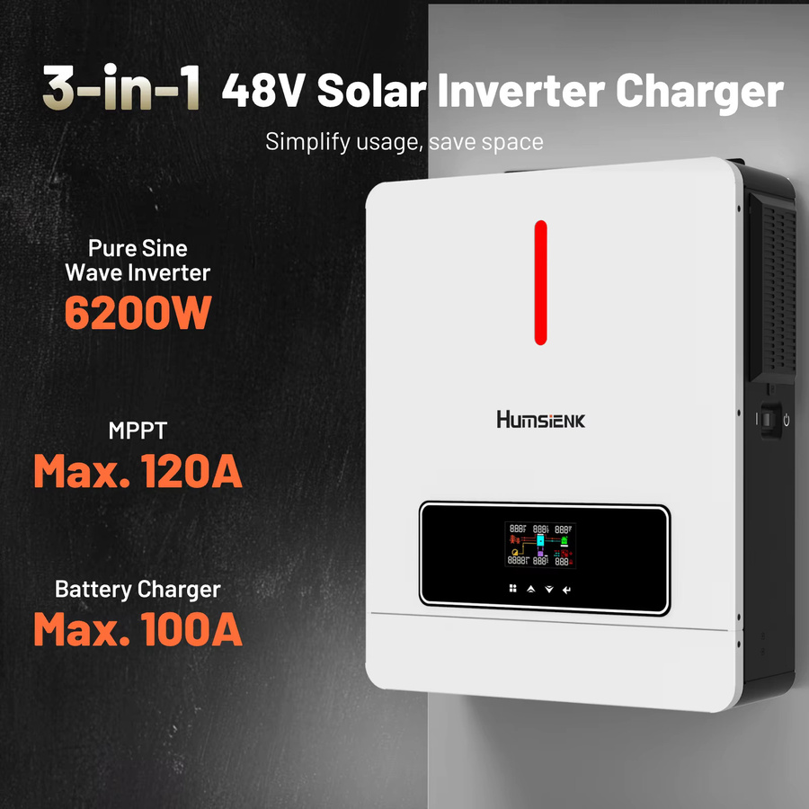 Humsienk Hybrid-Solarwechselrichter 6,2KW mit 120A MPPT-Solar-Laderegler, 48V, Reiner Sinus, Weiß - Bild 2