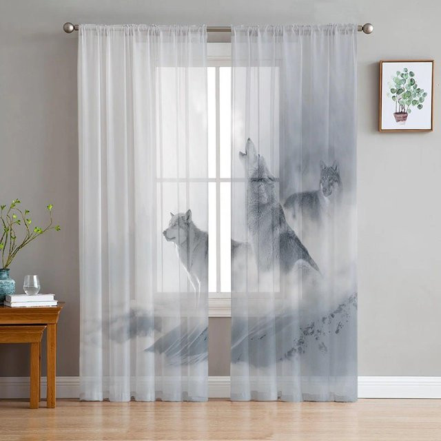 A Family Of Home Textiles Tüll-Vorhang mit weißem Wolf Motiv, transparenter Chiffon-Vorhang für Wohnzimmer und Schlafzimmer, Breite: 135 cm, Höhe: 137 cm - Bild 1
