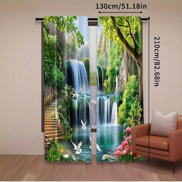 Yiran Furniture Vorhänge mit Wald-Wasserfall-Landschaftsdruck, 2er-Set, Mehrfarbig, B: 35 cm, H: 100 cm - Bild 1