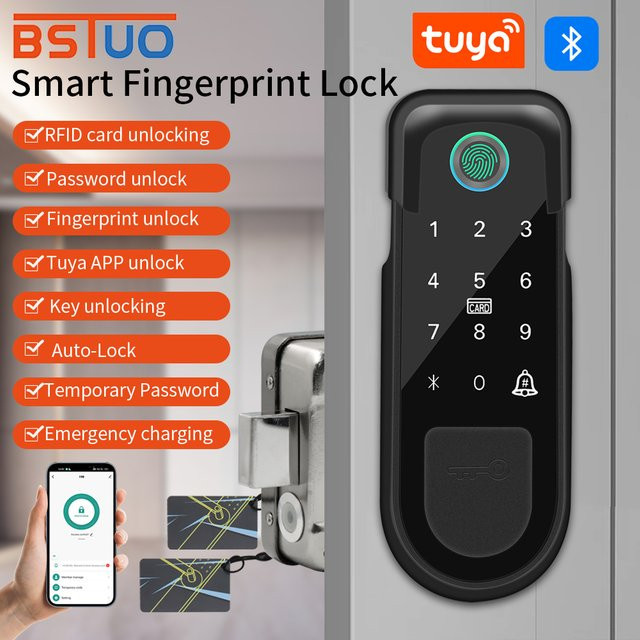 Tuya Smart Home Türschloss für den Außenbereich in Schwarz mit doppelseitigem Fingerabdrucksensor, digitalem Code, IC-Karte und Smart Life App Unterstützung inklusive 3 Schlüssel - Bild 1
