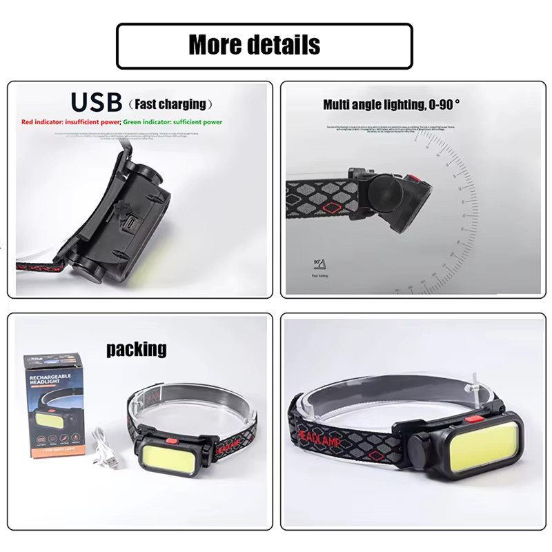 KDULIT LED-Stirnlampe mit USB-Ladefunktion und rotem Licht, wasserdichte COB-Stirnlampe in Schwarz und Rot - Bild 3