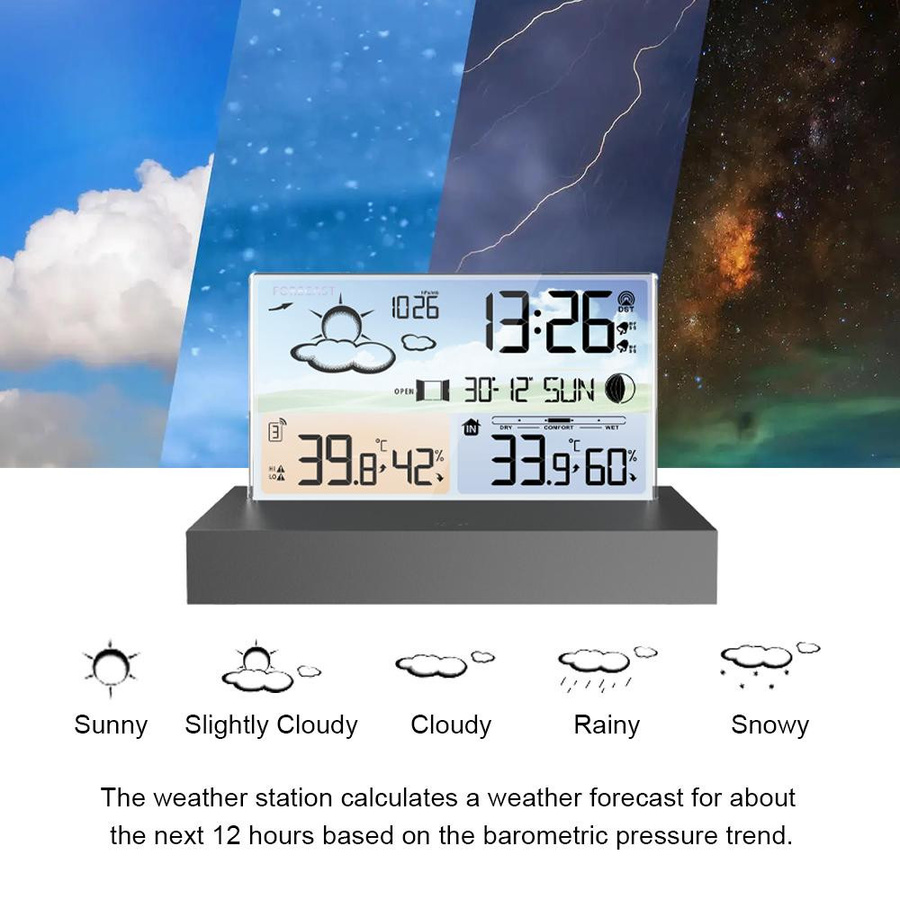 Tooarts Digitaler Wecker mit Temperaturanzeige, Luftfeuchtigkeit und Wettervorhersage, Tischuhr in Schwarz - Bild 3