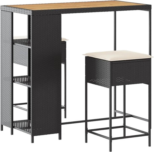 vidaXL 3-teiliges Gartenbar-Set aus Poly-Rattan und Akazien-Massivholz mit Kissen in Schwarz - Bild 1