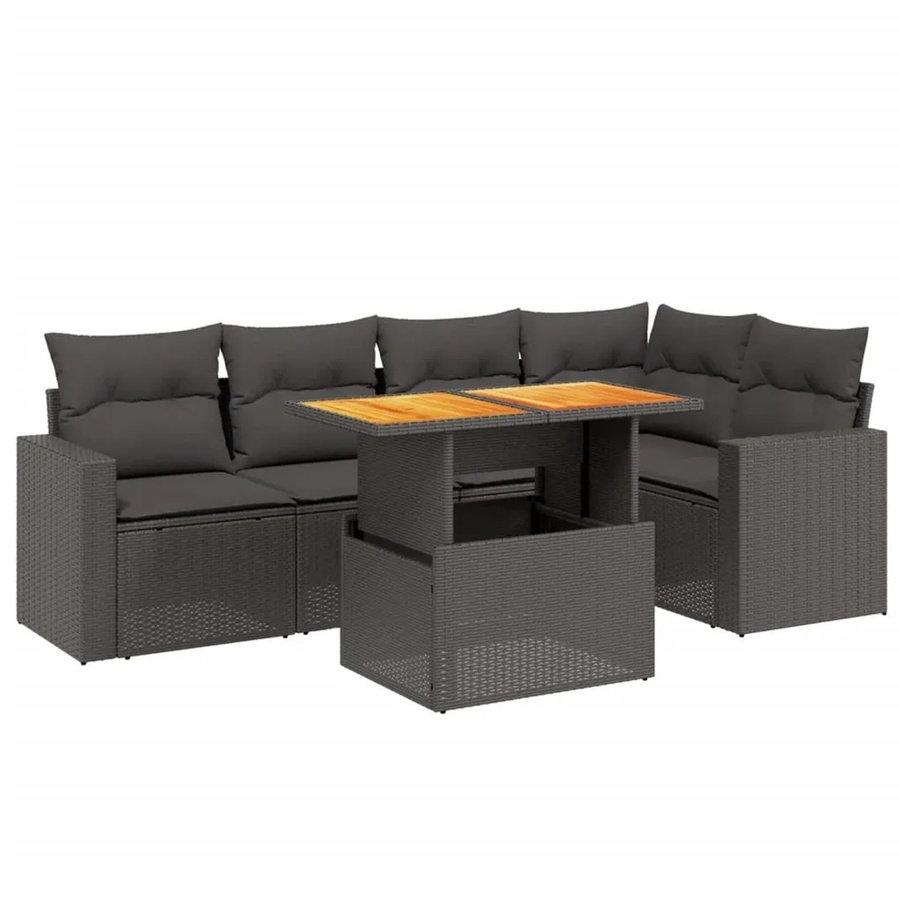 vidaXL 6-teilige Garten-Sofagarnitur aus Poly-Rattan und Akazienholz in Schwarz mit Kissen - Bild 2