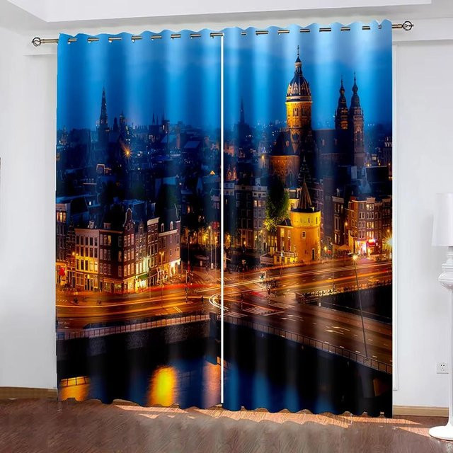 Yiran Furniture Dekorative Vorhänge mit 3D-Stadt-Nachtansicht in Blau, 2er-Set mit Haken, B: 60 cm, H: 100 cm - Bild 1