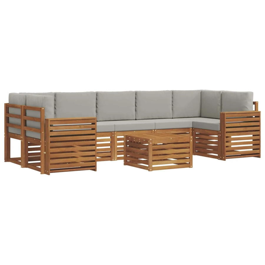 vidaXL Sofagarnitur 8-teilig L-Form aus Massivholz Akazie in Natur und Hellgrau mit Polsterung und Armlehnen - Bild 2