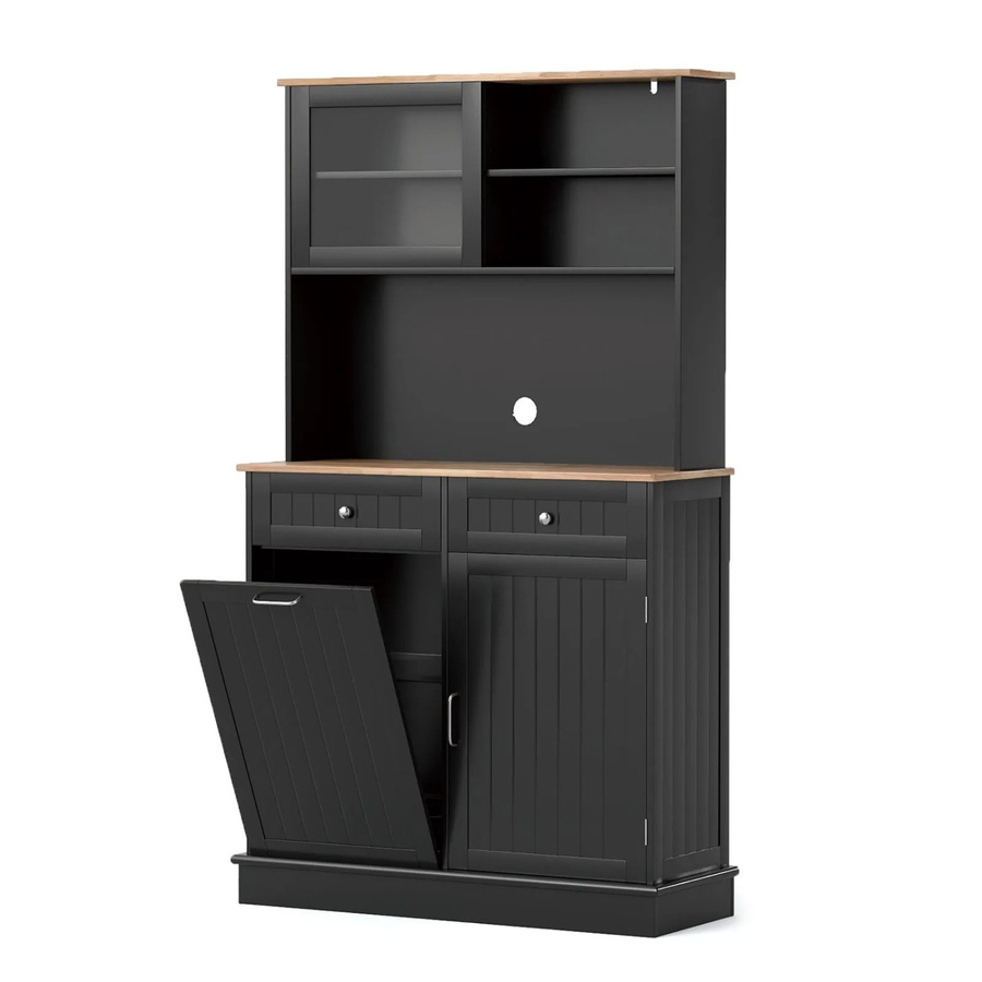 Costway Küchenschrank mit Arbeitsplatte und Mülleimer-Halterung in Schwarz, modern und freistehend, B/T/H: 100 x 34 x 172 cm - Bild 2