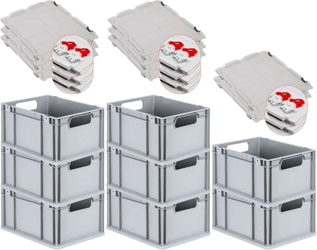 PROREGAL Spar Set 8x Eurobox Nextgen Economy mit Scharnierdeckel und roten Schiebeschnappverschlüssen, Grau/Rot, H x B x T: 22 x 30 x 40 cm, 20 Liter - Bild 1