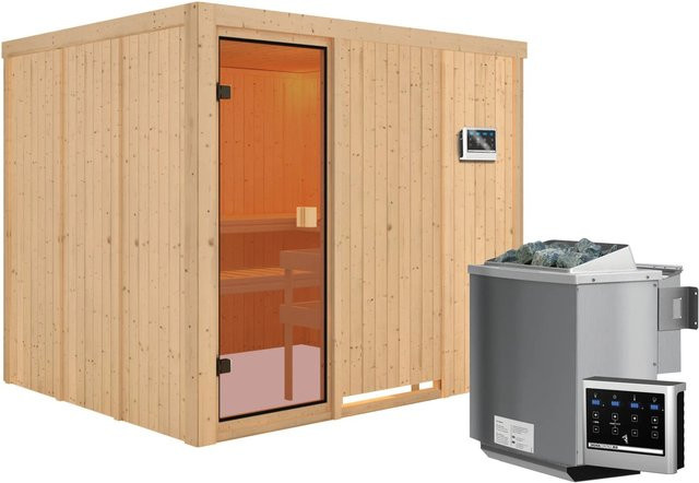 Karibu Sauna Nybro aus Fichte in Braun mit 9 kW BioKombiofen und Glastür Bronziert B/T/H: 231 x 196 x 198 cm - Bild 1