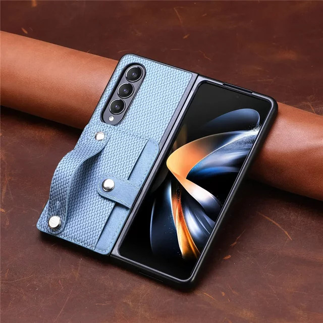 Lederhülle mit Kohlefaser-Armband und Kartenhalter für Samsung Galaxy Z Fold 5, Z Fold 4 und Z Fold 3 5G in Schwarz oder Grün - Bild 1